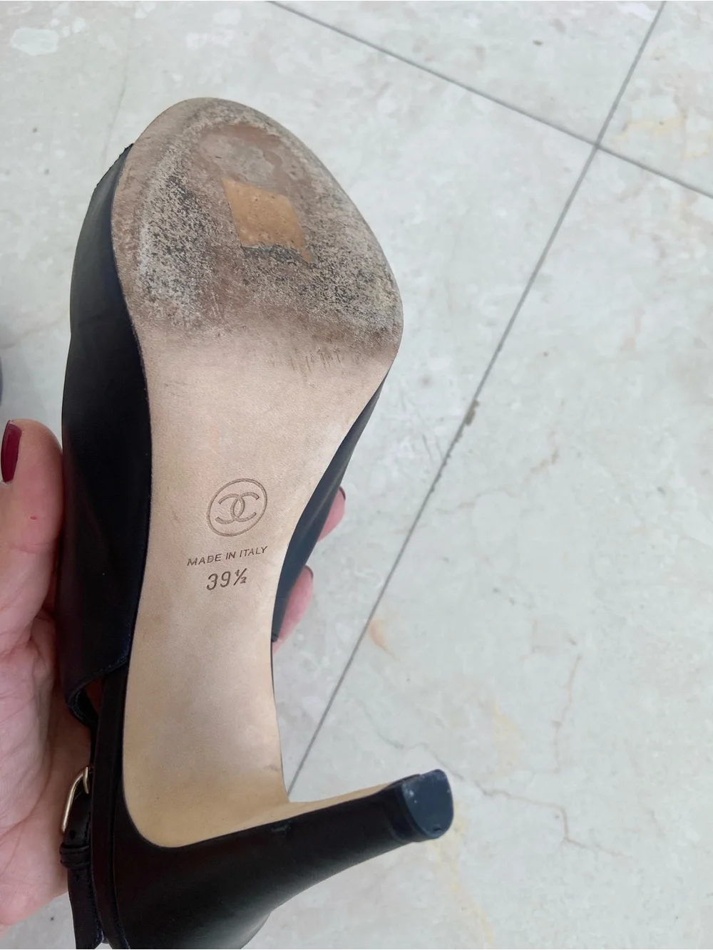 CHANEL Black Leather Open-Toe Slingback Heels 39.5 in Box with Dust bag